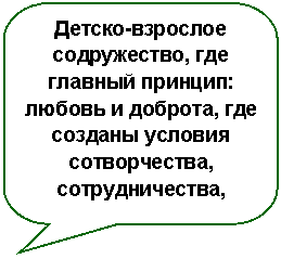 Скругленная прямоугольная выноска: Детско-взрослое содружество, где главный принцип: любовь и доброта, где созданы условия сотворчества, сотрудничества, самоопределения.