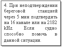 Подпись: 4. При неподтверждении береговой станцией через 5 мин подтвердить на 16 канале или на 2182 kHz. Если судно способно помочь в данной ситуации.