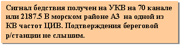 Подпись: Сигнал бедствия получен на УКВ на 70 канале или 2187.5 В морском районе А3 на одной из КВ частот ЦИВ. Подтверждения береговой р/станции не слышим.