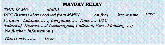 Подпись: MAYDAY RELAY
THIS IS M/V ……. MMSI……..
DSC Distress alert received from MMSI……… on freq….. kcs at time … UTC
Position: Latitude……, Longitude….. Time….. UTC
Nature of Distress…..( Undersigned, Collision, Fire , Flooding …)
No further information )
This is m/v…….. Over