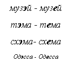 Подпись: музэй - музей
тэма - тема
схэма- схема
Одэсса - Одесса