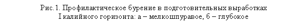 Подпись: Рис.1. Профилактическое бурение в подготовительных выработках
I калийного горизонта: а – мелкошпуравое, б – глубокое