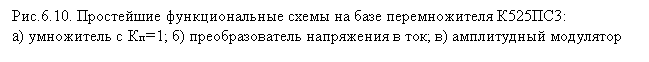 Подпись: Рис.6.10. Простейшие функциональные схемы на базе перемножителя К525ПС3:
а) умножитель с Кп=1; б) преобразователь напряжения в ток; в) амплитудный модулятор