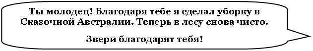 Скругленная прямоугольная выноска: Ты молодец! Благодаря тебе я сделал уборку в Сказочной Австралии. Теперь в лесу снова чисто.
Звери благодарят тебя!