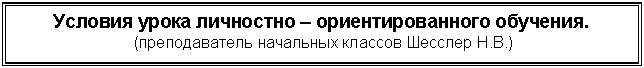 Подпись: Условия урока личностно – ориентированного обучения.
(преподаватель начальных классов В.)
