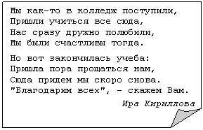 Загнутый угол: Мы как-то в колледж поступили,
Пришли учиться все сюда,
Нас сразу дружно полюбили,
Мы были счастливы тогда.
Но вот закончилась учеба:
Пришла пора прощаться нам,
Сюда придем мы скоро снова.
"Благодарим всех", – скажем Вам.
Ира Кириллова