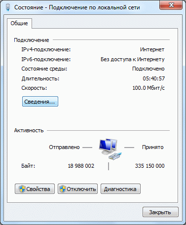 окно Состояние - подключение по локальной сети