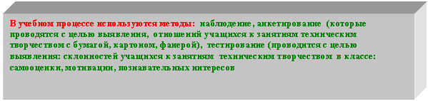 Подпись: В учебном процессе используются методы: наблюдение, анкетирование (которые проводятся с целью выявления, отношений учащихся к занятиям техническим творчеством с бумагой, картоном, фанерой), тестирование (проводится с целью выявления: склонностей учащихся к занятиям техническим творчеством в классе: самооценки, мотивации, познавательных интересов