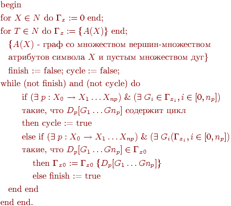 \begin{align*}

&\text{begin} \\

&\text{for $X \in N$ do $\Gamma_x := 0$ end;}\\

&\text{for $T \in N$ do $\Gamma_x := \{A(X) \}$ end;}\\

&\text{\; \;$\{A(X)$ - ���� �� ���������� ������-���������� }\\ 

&\text{\; \;��������� ������� $X$ � ������ ���������� ���\}}\\

&\text{\; \;finish := false; cycle := false;}\\

&\text{while (not finish) and (not cycle) do}\\

&\text{\; \; \; \; if ($\exists \; p : X_0$ $\rightarrow X_1 \ldots X_{np} ) \; \& \; (\exists \; G_i \in \Gamma_{x_i} , i \in [0, n_p] ) $ } \\

&\text{\; \; \; \; �����, ��� $D_p[G_1 \ldots Gn_p] $ �������� ����}\\

&\text{\; \; \; \; then cycle := true}\\

&\text{\; \; \; \; else if ($\exists \; p : X_0$ $\rightarrow X_1 \ldots X_{np} ) \; \& \; (\exists \; G_i ( \Gamma_{x_i} , i \in [0, n_p] ) $ } \\

&\text{\; \; \; \; �����, ��� $D_p[G_1 \ldots Gn_p] \in \Gamma_{x0}$}\\

&\text{\; \; \; \; \; \; then $\Gamma_{x0}:=\Gamma_{x0} \; \{D_p[G_1 \ldots Gn_p]\}$}\\

&\text{\; \; \; \; \; \; else finish := true}\\

&\text{\; \;end end}\\

&\text{end end.}\\

\end{align*}