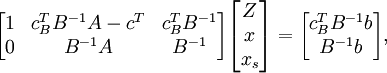 \begin{bmatrix}

1 & c_B^TB^{-1}A - c^T & c_B^TB^{-1}\\

0 & B^{-1}A & B^{-1} 

\end{bmatrix}

\begin{bmatrix}

Z\\

x\\

x_s

\end{bmatrix}=

\begin{bmatrix}

c^T_BB^{-1}b\\

B^{-1}b

\end{bmatrix},

