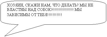 Скругленная прямоугольная выноска: ХОЗЯИН, СКАЖИ НАМ, ЧТО ДЕЛАТЬ? МЫ НЕ ВЛАСТНЫ НАД СОБОЮ!!!!!!!!!!!!!!!! МЫ ЗАВИСИМЫ ОТ ТЕБЯ!!!!!!!!!!!
