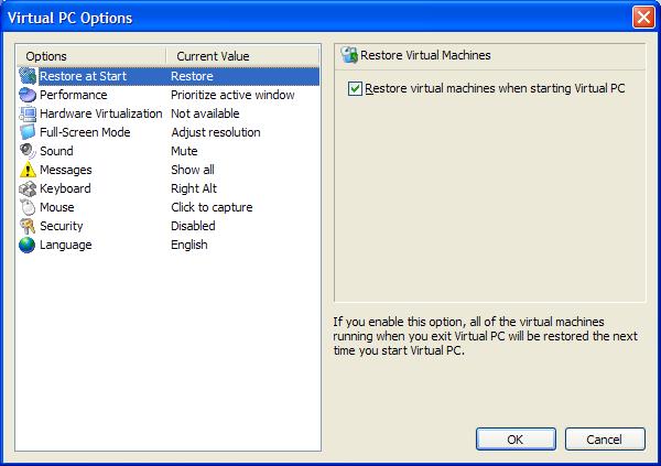 Диалоговое окно настроек Virtual PC