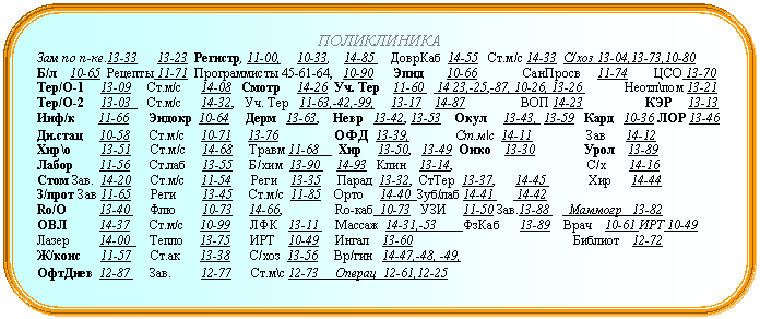Скругленный прямоугольник: ПОЛИКЛИНИКА
Зам по п-ке.13Регистр, 11-00, 10-33, 14-85 ДоврКаб 14-55 Ст.м/с 14-33 С/хоз 13-04,13-73,10-80
Б/л 10-65 Рецепты 11-71 Программисты , 10-90 Эпид 10-66 СанПросв 11-74 ЦСО 13-70
Тер/О-1 13-09 Ст.м/с 14-08 Смотр 14-26 Уч. Тер 11,-25,-87, 10-26, 13-26 Неотл\пом 13-21
Тер/О-2 13-03 Ст.м/с 14-32, Уч. Тер 11-63,-42,-99, 13ВОП 14-23 КЭР 13-13
Инф/к 11-66 Эндокр 10-64 Дерм 13-63, Невр 13-42, 13-53 Окул 13-43, 13-59 Кард 10-36 ЛОР 13-46
Дн.стац 10-58 Ст.м/с 10ОФД 13-39, Ст.м\с 14-11 Зав 14-12
Хир\о 13-51 Ст.м/с 14-68 Травм 11-68 Хир 13-50, 13-49 Онко 13-30 Урол 13-89
Лабор 11-56 Ст.лаб 13-55 Б/хим 13Клин 13-14, С/х 14-16
Стом Зав. 14-20 Ст.м/с 11-54 Реги 13-35 Парад 13-32, СтТер 13-37, 14-45 Хир 14-44
З/прот Зав 11-65 Реги 13-45 Ст.м/с 11-85 Орто 14-40 Зуб/лаб 14
Ro/О 13-40 Флю 10, Ro-каб 10-73 УЗИ 11-50 Зав.13-88 Маммогр 13-82
ОВЛ 14-37 Ст.м/с 10-99 ЛФК 13-11 Массаж 14-31,-53 ФзКаб 13-89 Врач 10-61 ИРТ 10-49
Лазер 14-00 Тепло 13-75 ИРТ 10-49 Ингал 13-60 Библиот 12-72
Ж/конс 11-57 Ст.ак 13-38 С/хоз 13-56 Вр/гин 14-47,-48, -49,
ОфтДнев 12-87 Зав. 12-77 Ст.м\с 12-73 Операц 12-61,12-25