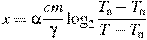 x = \alpha \frac{{cm}}{\gamma }\log _2 \frac{{T_{\text{�}} -T_{\text{�}} }}{{T - T_{\text{�}} }}