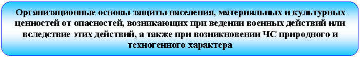 Скругленный прямоугольник: Организационные основы защиты населения, материальных и культурных ценностей от опасностей, возникающих при ведении военных действий или вследствие этих действий, а также при возникновении ЧС природного и техногенного характера