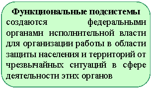 Скругленный прямоугольник: Функциональные подсистемы
создаются федеральными орга-нами исполнительной власти для организации работы в области защиты населения и территорий от чрезвычайных ситуаций в сфере деятельности этих органов