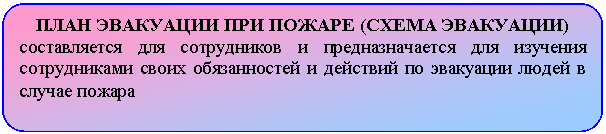 Скругленный прямоугольник: План ЭВАКУАЦИИ ПРИ ПОЖАРЕ (СХЕМА ЭВАКУАЦИИ)
составляется для сотрудников и предназначается для изучения со-трудниками своих обязанностей и действий по эвакуации людей в случае пожара