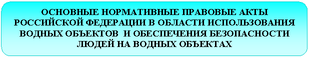 Скругленный прямоугольник: ОСНОВНЫЕ НОРМАТИВНЫЕ ПРАВОВЫЕ АКТЫ РОССИЙСКОЙ ФЕДЕРАЦИИ В ОБЛАСТИ ИСПОЛЬЗОВАНИЯ ВОДНЫХ ОБЪЕКТОВ И ОБЕСПЕЧЕНИЯ БЕЗОПАСНОСТИ ЛЮДЕЙ НА ВОДНЫХ ОБЪЕКТАХ