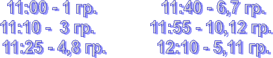 11:00 - 1 гр. 11:40 - 6,7 гр.
11:10 - 3 гр. 11:55 - 10,12 гр.
11:25 - 4,8 гр. 12:10 - 5,11 гр.