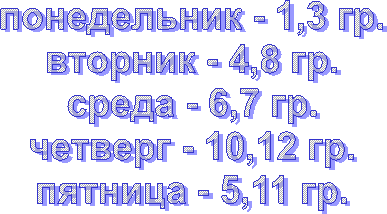понедельник - 1,3 гр.
вторник - 4,8 гр.
среда - 6,7 гр.
четверг - 10,12 гр.
пятница - 5,11 гр.