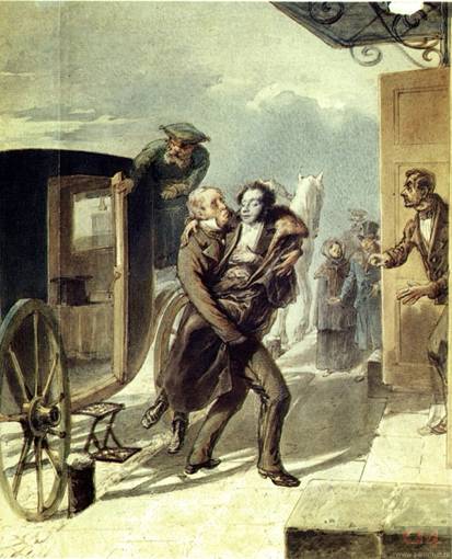 Возвращение Пушкина с дуэли. Бореля. 1855