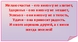 Загнутый угол: Желаю счастья – его никому не хватает,
Здоровья – оно никому не мешает,
Успехов – они никому не в тягость,
Удачи – она приносит радость.
И много хороших друзей, а с ними всегда веселей!