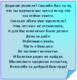 Загнутый угол: Дорогие учителя! Спасибо Вам за то, что вы научили нас всему тому, что мы сейчас знаем.
Сколько вёсен уже пролетело!
Этих лет нам не остановить,
А для Вас основным было делом
День за днём
Ребятишек учить.
Пусть в Ваш дом
Не заглянет несчастье.
И болезни дорог не найдут.
Мы желаем здоровья и счастья,
И спасибо за добрый Ваш труд!