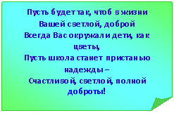 Загнутый угол: Пусть будет так, чтоб в жизни
Вашей светлой, доброй
Всегда Вас окружали дети, как цветы,
Пусть школа станет пристанью надежды –
Счастливой, светлой, полной доброты!