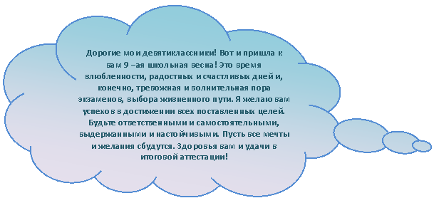 Выноска-облако: Дорогие мои девятиклассники! Вот и пришла к вам 9 –ая школьная весна! Это время влюбленности, радостных и счастливых дней и, конечно, тревожная и волнительная пора экзаменов, выбора жизненного пути. Я желаю вам успехов в достижении всех поставленных целей. Будьте ответственными и самостоятельными, выдержанными и настойчивыми. Пусть все мечты и желания сбудутся. Здоровья вам и удачи в итоговой аттестации!