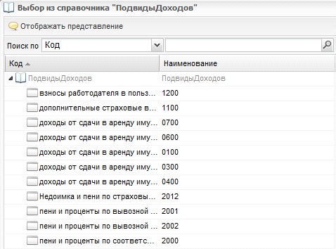 Справочник «Подвиды доходов»