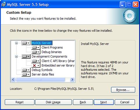 Выбор компонентов MySQL и задание директории MySQL