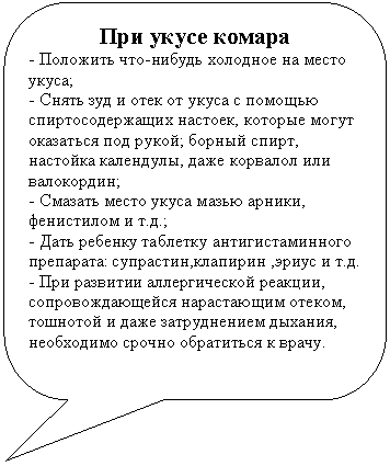 Скругленная прямоугольная выноска: При укусе комара
- Положить что-нибудь холодное на место укуса;
- Снять зуд и отек от укуса с помощью спиртосодержащих настоек, которые могут оказаться под рукой; борный спирт, настойка календулы, даже корвалол или валокордин;
- Смазать место укуса мазью арники, фенистилом и т.д.;
- Дать ребенку таблетку антигистаминного препарата: супрастин,клапирин ,эриус и т.д.
- При развитии аллергической реакции, сопровождающейся нарастающим отеком, тошнотой и даже затруднением дыхания, необходимо срочно обратиться к врачу.