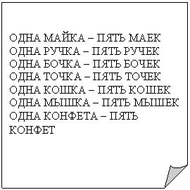 Загнутый угол: ОДНА МАЙКА – ПЯТЬ МАЕК
ОДНА РУЧКА – ПЯТЬ РУЧЕК
ОДНА БОЧКА – ПЯТЬ БОЧЕК
ОДНА ТОЧКА – ПЯТЬ ТОЧЕК
ОДНА КОШКА – ПЯТЬ КОШЕК
ОДНА МЫШКА – ПЯТЬ МЫШЕК
ОДНА КОНФЕТА – ПЯТЬ КОНФЕТ