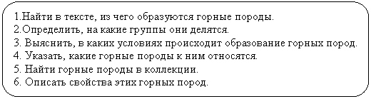 Скругленный прямоугольник: 1.Найти в тексте, из чего образуются горные породы.
2.Определить, на какие группы они делятся.
3. Выяснить, в каких условиях происходит образование горных пород.
4. Указать, какие горные породы к ним относятся.
5. Найти горные породы в коллекции.
6. Описать свойства этих горных пород.