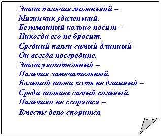 Загнутый угол: Этот пальчик маленький –
Мизинчик удаленький.
Безымянный кольцо носит –
Никогда его не бросит.
Средний палец самый длинный –
Он всегда посередине.
Этот указательный –
Пальчик замечательный.
Большой палец хоть не длинный –
Среди пальцев самый сильный.
Пальчики не ссорятся –
Вместе дело спорится