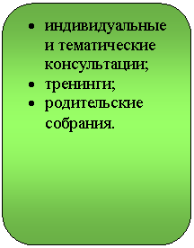 Скругленный прямоугольник: • индивидуальные и тематические консультации;
• тренинги;
• родительские собрания.