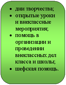 Скругленный прямоугольник: • дни творчества;
• открытые уроки и внеклассные мероприятия;
• помощь в организации и проведении внеклассных дел класса и школы;
• шефская помощь.