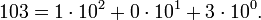 ��������: 103 = 1 \cdot 10^{2} + 0 \cdot 10^{1} + 3 \cdot 10^{0}.