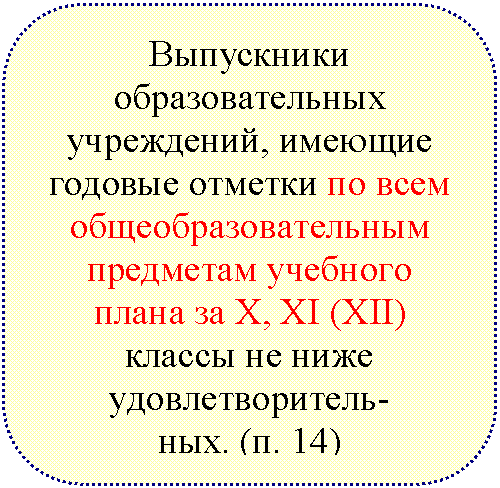 Скругленный прямоугольник: Выпускники образовательных учреждений, имеющие годовые отметки по всем общеобразовательным предметам учебного плана за X, XI (XII) классы не ниже удовлетворитель-
ных. (п. 14)