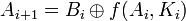 ~A_{i+1} = B_i \oplus f(A_i, K_i)
