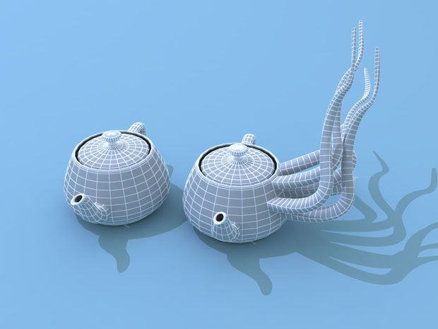 Описание: Исходный объект (справа) и результат применения инструмента Extrude Along Spline (Выдавить по сплайну)