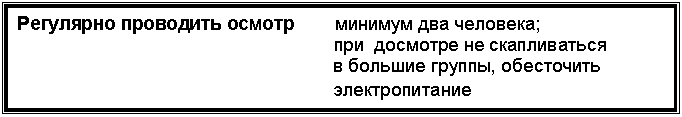Подпись: Регулярно проводить осмотр минимум два человека;
при досмотре не скапливаться
в большие группы, обесточить
электропитание