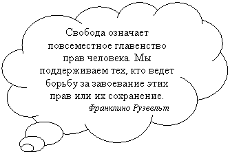 Выноска-облако: Свобода означает повсеместное главенство прав человека. Мы поддерживаем тех, кто ведет борьбу за завоевание этих прав или их сохранение.
Франклино Рузвельт
