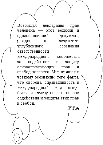 Выноска-облако: Всеобщая декларация прав человека — этот великий и вдохновляющий документ, рожден в результате углубленного осознания ответственности международного сообщества за содействие и защиту основополагающих прав и свобод человека. Мир пришел к четкому осознанию того факта, что свобода, справедливость и международный мир могут быть достигнуты на основе содействия и защиты этих прав и свобод.
У Тан