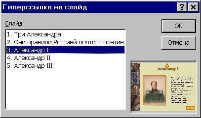 Окно Гиперссылка на слайд