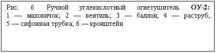 Подпись: Рис. 6. Ручной углекислотный огнетушитель ОУ-2:
1 — маховичок; 2 — вентиль; 3 — баллон; 4 — раструб;
5 — сифонная трубка; 6 — кронштейн