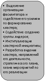 Скругленный прямоугольник: • Выделение организа-ции-фасилитатора и содействие его усилиям по формированию кла-стера;
• Содействие созданию группы лидеров;
• Институализация кла-стерной инициативы;
• Разработка видения
кластера, направлений его деятельности, стра-тегического плана, пла-на мероприятий по его реализации