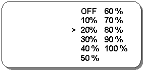 Блок-схема: альтернативный процесс: OFF 60 %
10% 70 %
> 20% 80 %
30% 90 %
40 % 100 %
50 %