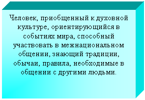 Подпись: Человек, приобщенный к духовной культуре, ориентирующийся в событиях мира, способный участвовать в межнациональном общении, знающий традиции, обычаи, правила, необходимые в общении с другими людьми.