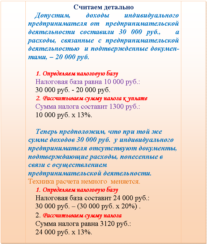 ����-�����: ������� �������: ������� ��������

��������, ������ ��������������� ��������������� �� ������������������� ������������ ������������., � �������, ��������� � ������������������� ������������� � �������������� �������-����, ����. 



1. ���������� ��������� ���� 

��������� ���� ��������.: 

30 000 ������. 

2. ������������ ����� ������ � ������ 

����� ������ �������� 1300 ���.: 

10 000 ���. � 13%. 



������ �����������, ��� ��� ��� �� ����� ����������. � ��������������� ��������������� ����������� ���������, �������������� �������, ���������� � ����� � �������������� ������������������� ������������. ������� ������� ������� ��������. 

1. ���������� ��������� ���� 

��������� ���� �����������.: 

30 000 ���. � ���. � 20%) . 

2. ������������ ����� ������ 

����� ������ ����� 3120 ���.: 

24 000 ���. � 13%.

